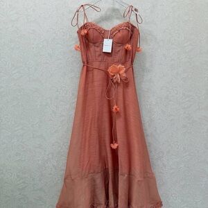 Zimmermann Floral Appliqué Corset Midi Dress | Tie Strap | Romantic Peach Pink